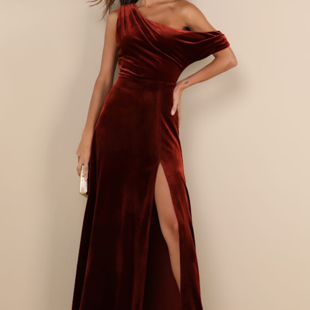 Lulus Coveted Confidence Rust Orange Velvet Asymmetrical Maxi Dress - Size M